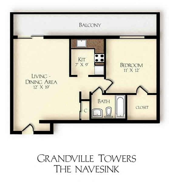 Floor plan for 1 bed, 1 bath, 640 sqft